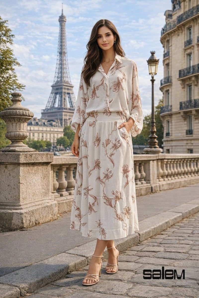 Camisa viscose ampla estampada - ref: 34066162 - R$ 439,90 em 6x de R$ 73,32 + Saia midi viscose estampada - ref: 45066507 - R$ 579,90 em 6x de R$ 96,65