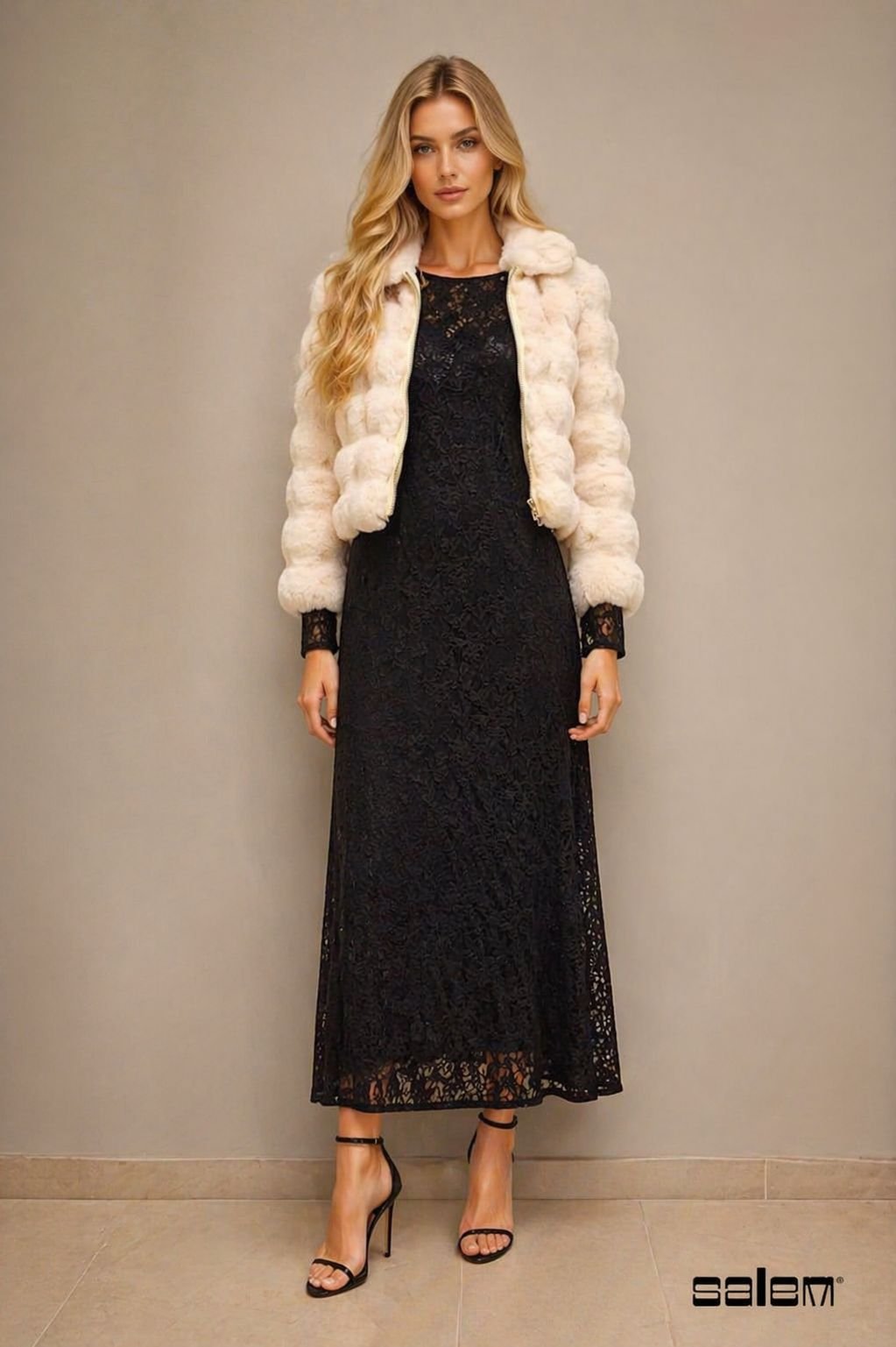 Casaco de pele sintética - ref: 020600042 - R$ 889,90 em 6x de R$ 148,32 + Vestido midi renda drapeado com anágua - ref: 73671557 - R$ 759,90 em 6x de R$ 126,65