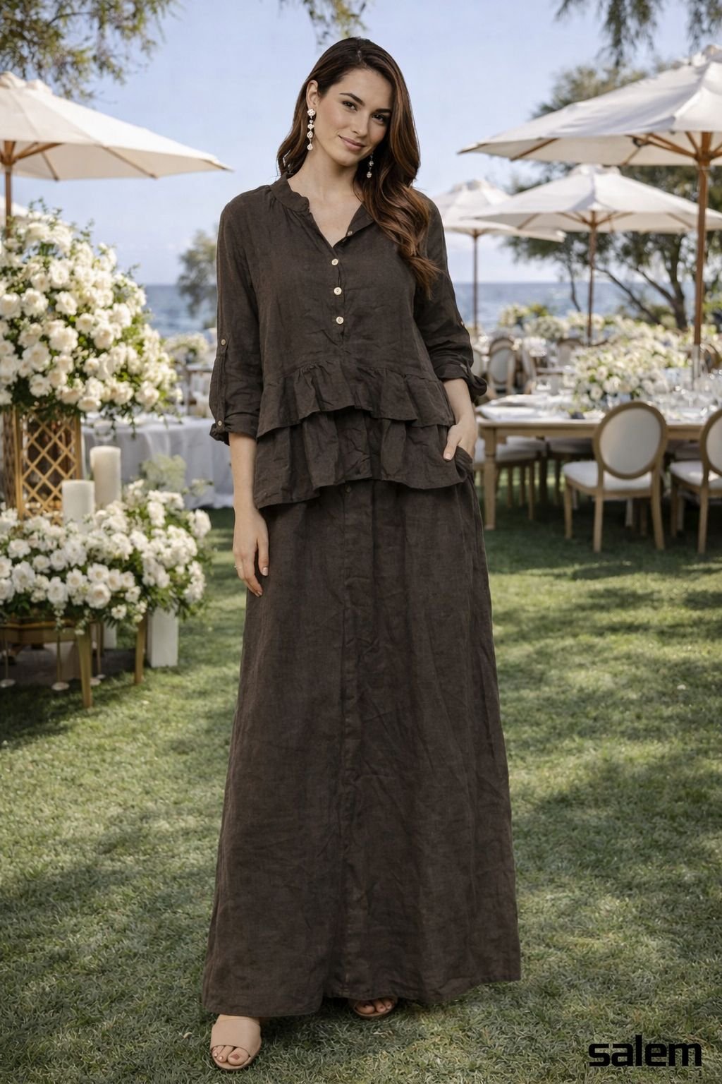   Conjunto linho saia com blusa - ref: lZH26.5 - R$ 1.359,90 em 6x de R$ 226,65