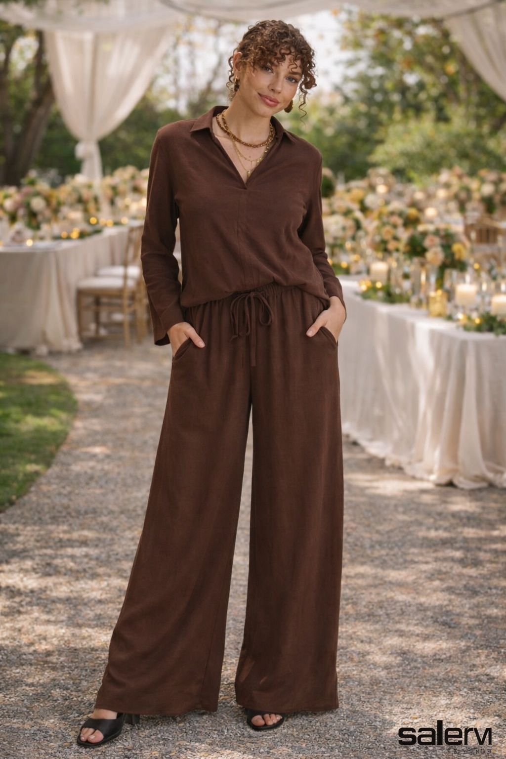 Pantalona crepe - ref: 540849 - R$ 499,90 em 6x de R$ 83,32 + Blusa malha decote camisa - ref:  540852 - R$ 439,90 em 6x de R$ 73,32