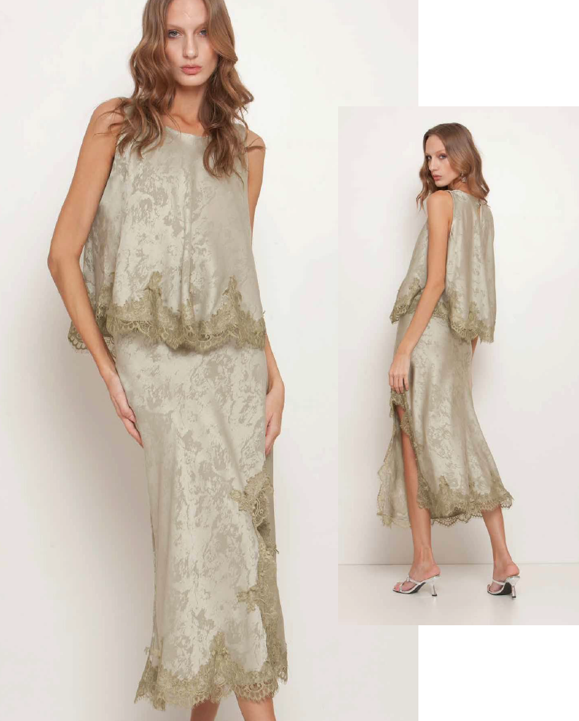 Saia midi devore detalhe renda - ref: 2524315 - R$ 849,90 em 6x de R$ 141,65 + Regagta devore detalhe renda - ref: 2522788 - R$ 579,90 em 6x de R$ 96,65