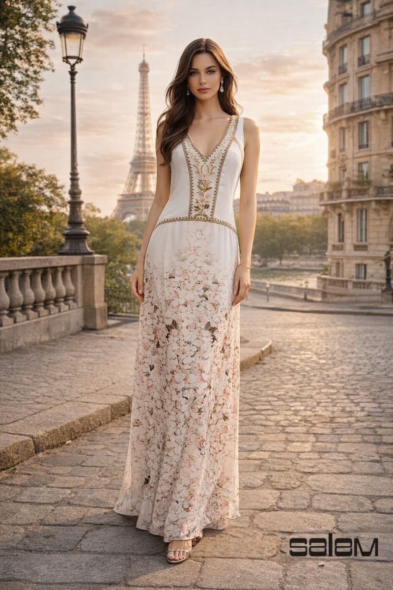 Vestido chiffon barrado busto bordado - ref: 252522 - R$ 689,90 em 6x de R$ 114,98