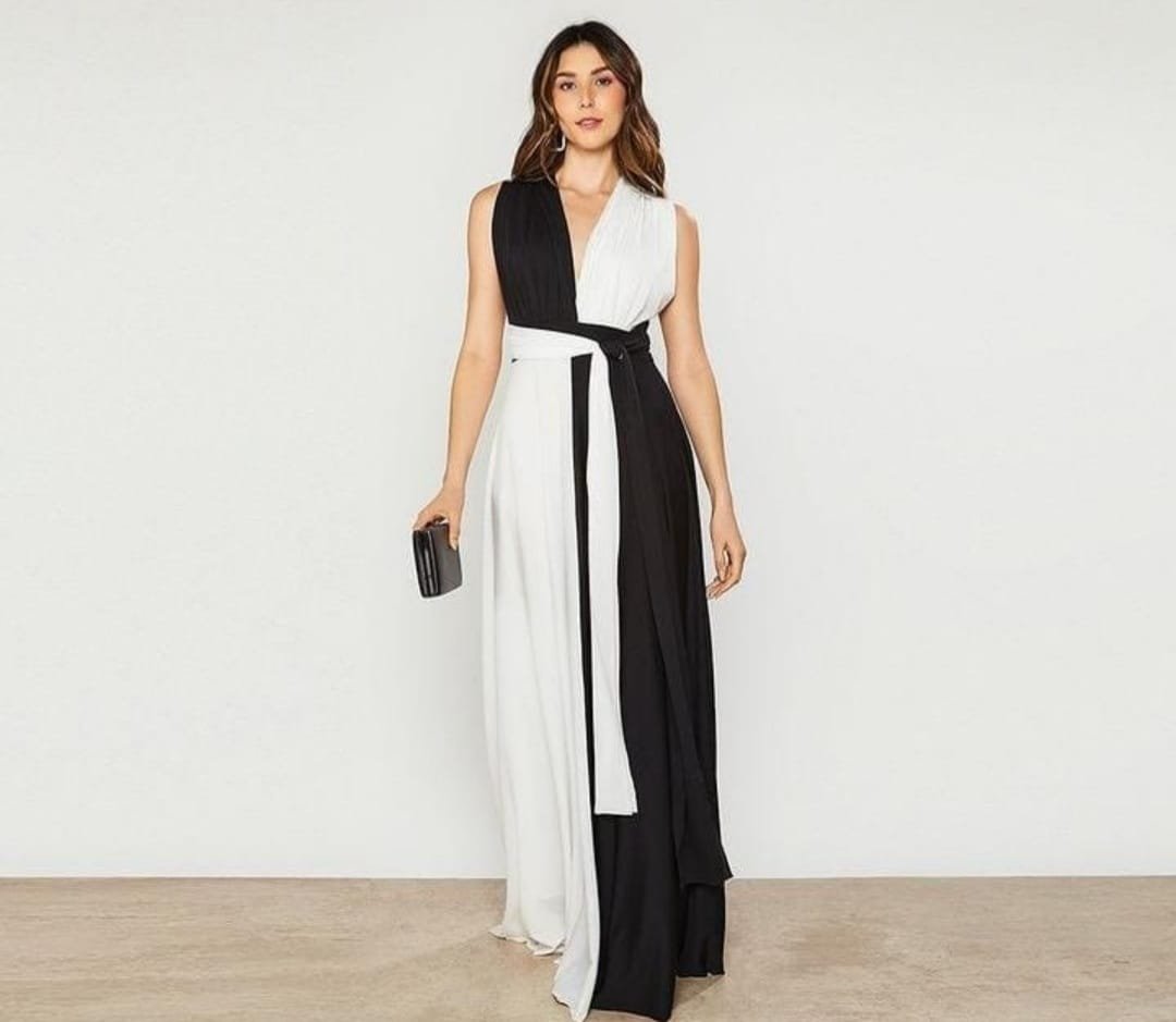    Vestido chiffon bicolor frente única - ref: PV720 - R$ 799,90 em 6x de R$ 133,31