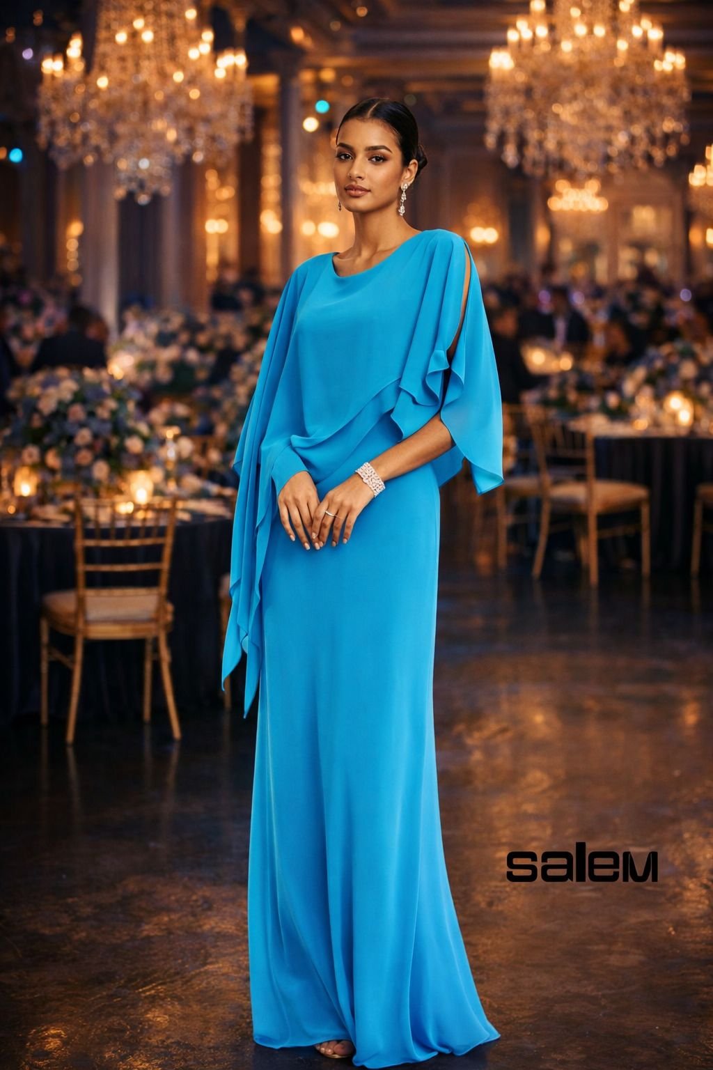 Vestido chiffon com capa - ref: DV623 - R$ 899,90 em 6x de R$ 149,98