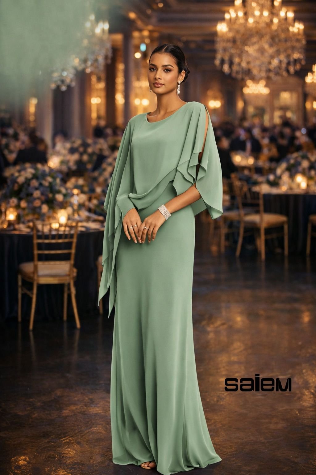 Vestido chiffon com capa - ref: DV623 - R$ 899,90 em 6x de R$ 149,98
