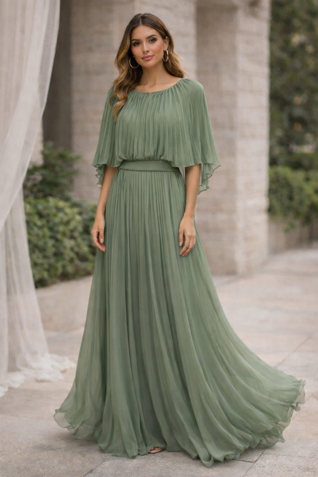Vestido chiffon com capa plissado - ref: 260130 - R$ 1.099,90 em 6x de R$ 183,31