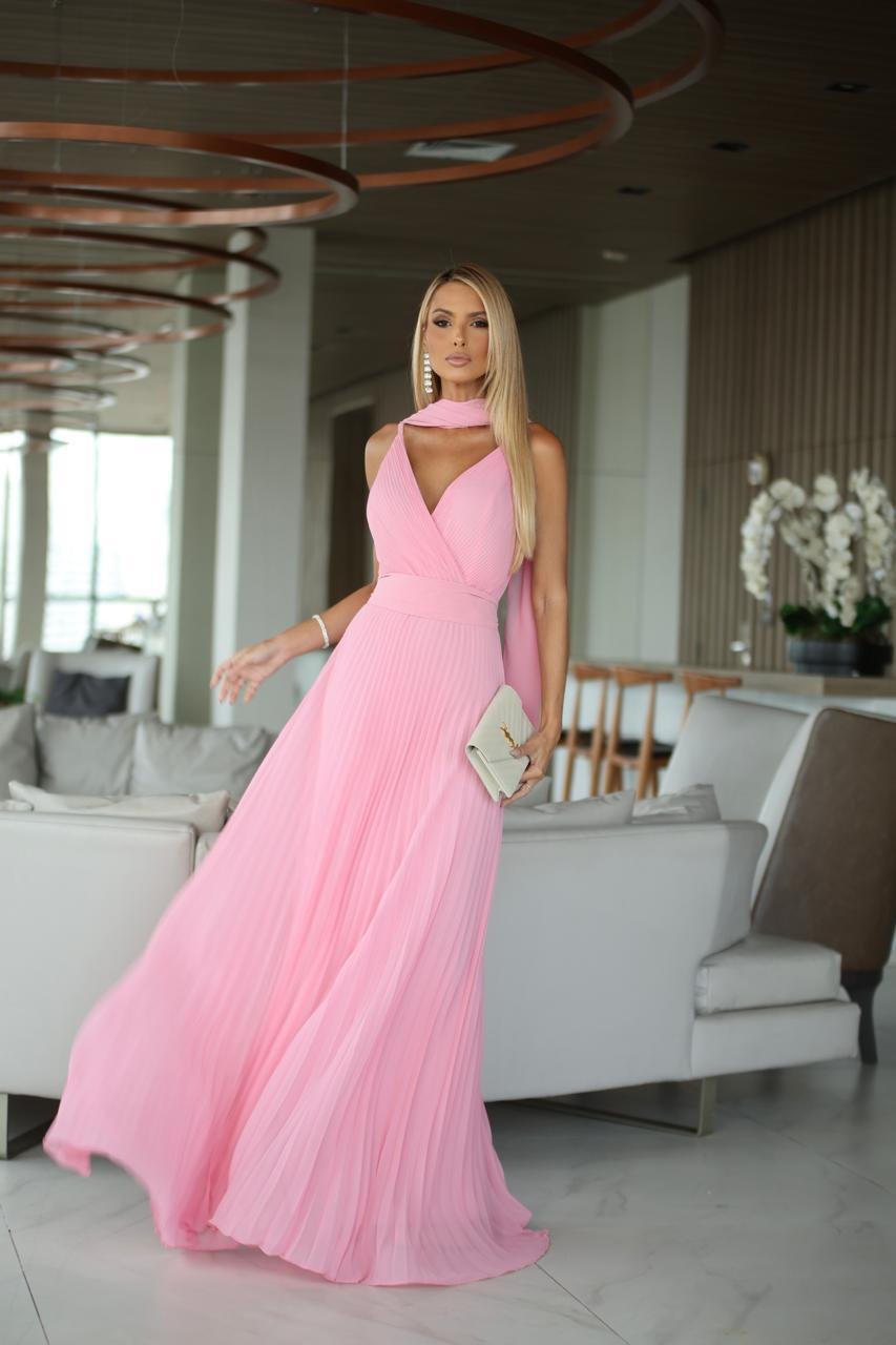 Vestido chiffon plissado com echarpe - ref: 202565 - R$ 999,90 em 6x de R$ 166,65