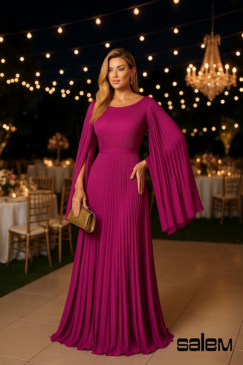 Vestido chiffon plissado manga falsa - ref: 202513 - R$ 1.099,90 em 6x de R$ 183,32