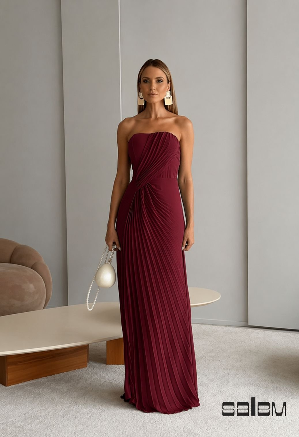 Vestido chiffon plissado tomara que caia - ref: 202529 - R$  949,90 em 6x de R$ 158,32