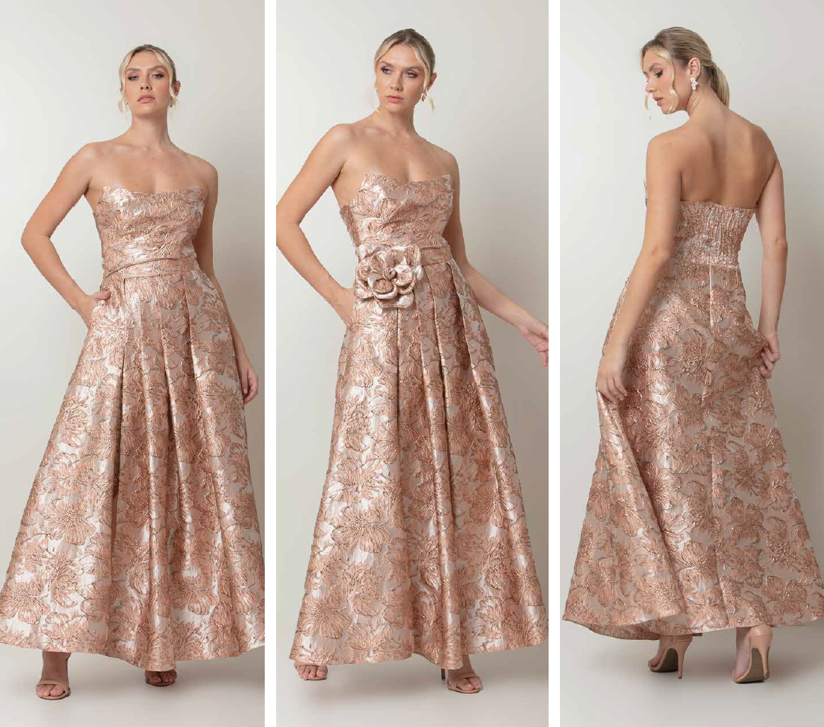 Vestido crepe brocado tomara que caio com flor - ref: 2521930 - R$ 3.299,90 em 6x de R$ 549,90