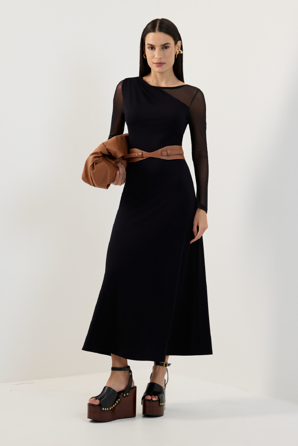 Vestido crepe com recortes tule Lucidez - ref: 51081622 - R$ 599,90 em 6x de R$ 99,98