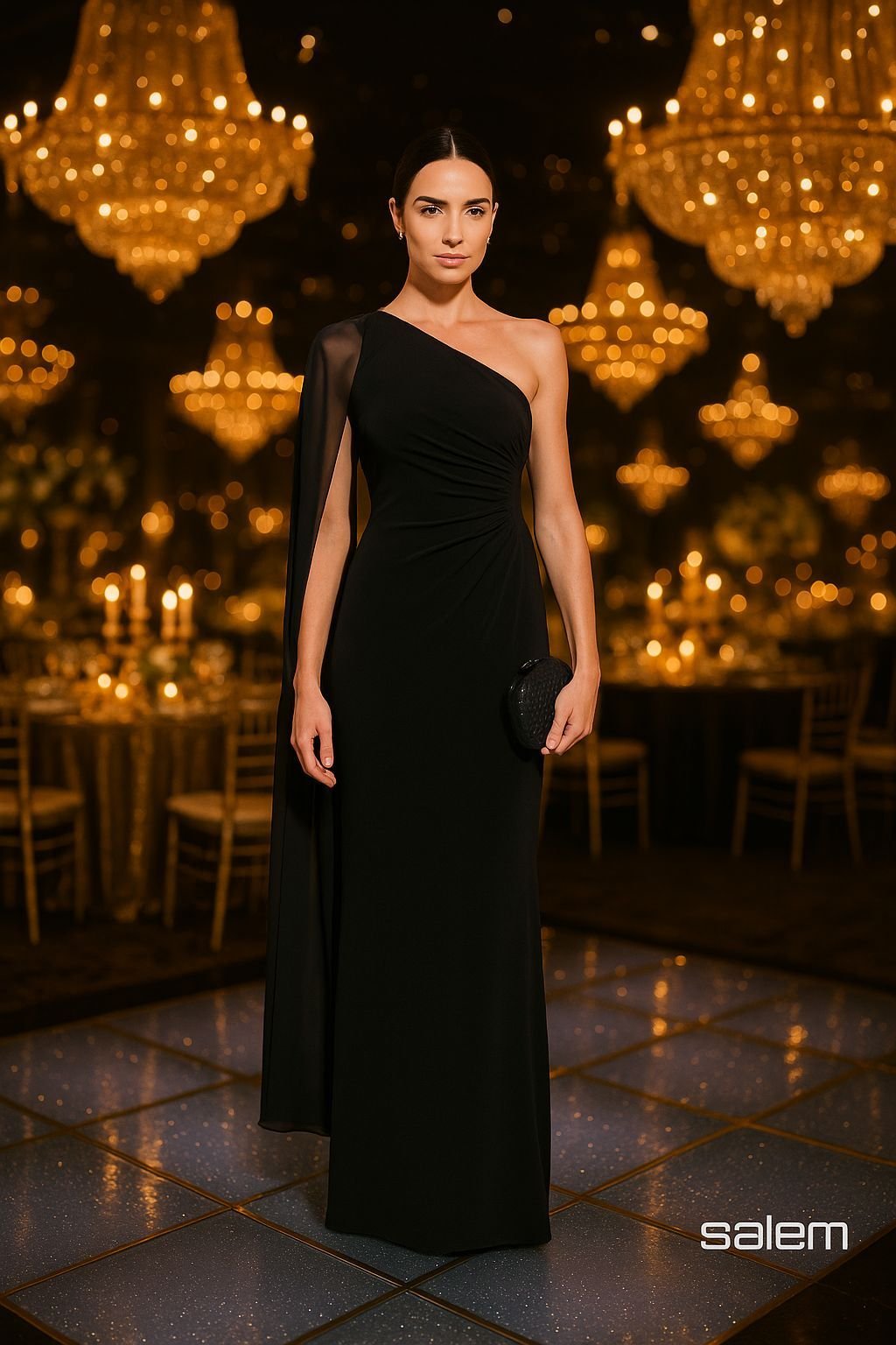 Vestido malha um ombro com capa - ref: 88831 - R$ 699,90 em 6x de R$ 116,65