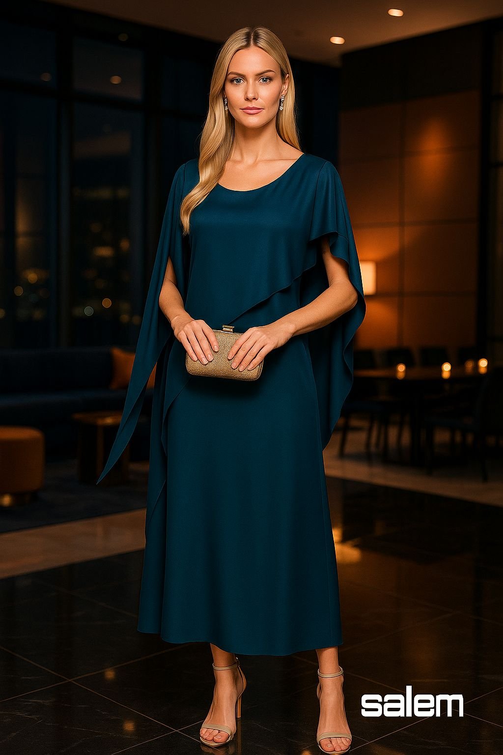 Vestido midi chiffon com capa - ref: PV723 - R$ 699,90 em 6x de R$ 116,65