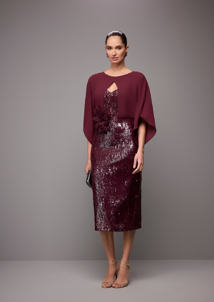 Vestido midi paetês detalhe chiffon com cinto - ref: A332.801 - R$ 1.799,90 em 6x de R$ 299,98
