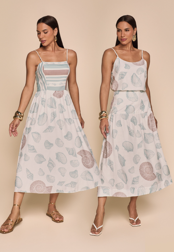 Vestido midi viscose mix estampas - ref: 38066439 - R$ 649,90 em 6x de R$ 108,32 + Saia midi viscose estampada - ref: 45066507 - R$ 579,90 em 6x de R$ 96,65