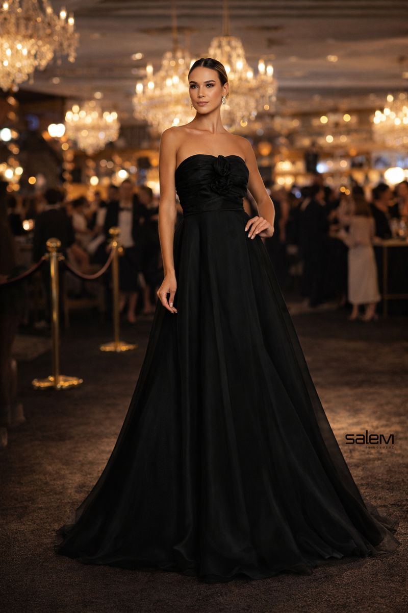 Vestido organza tomara que caia detalhe flor - ref: 004669 - R$ 799,90 em 6x de R$ 133,32