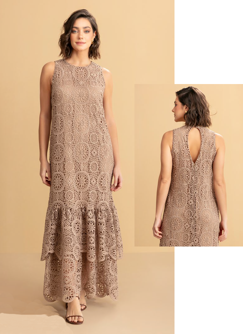 Vestido renda guipir com babado Básico Brasil - ref: 043074 - R$ 1.699,90 em 6x de R$ 283,32